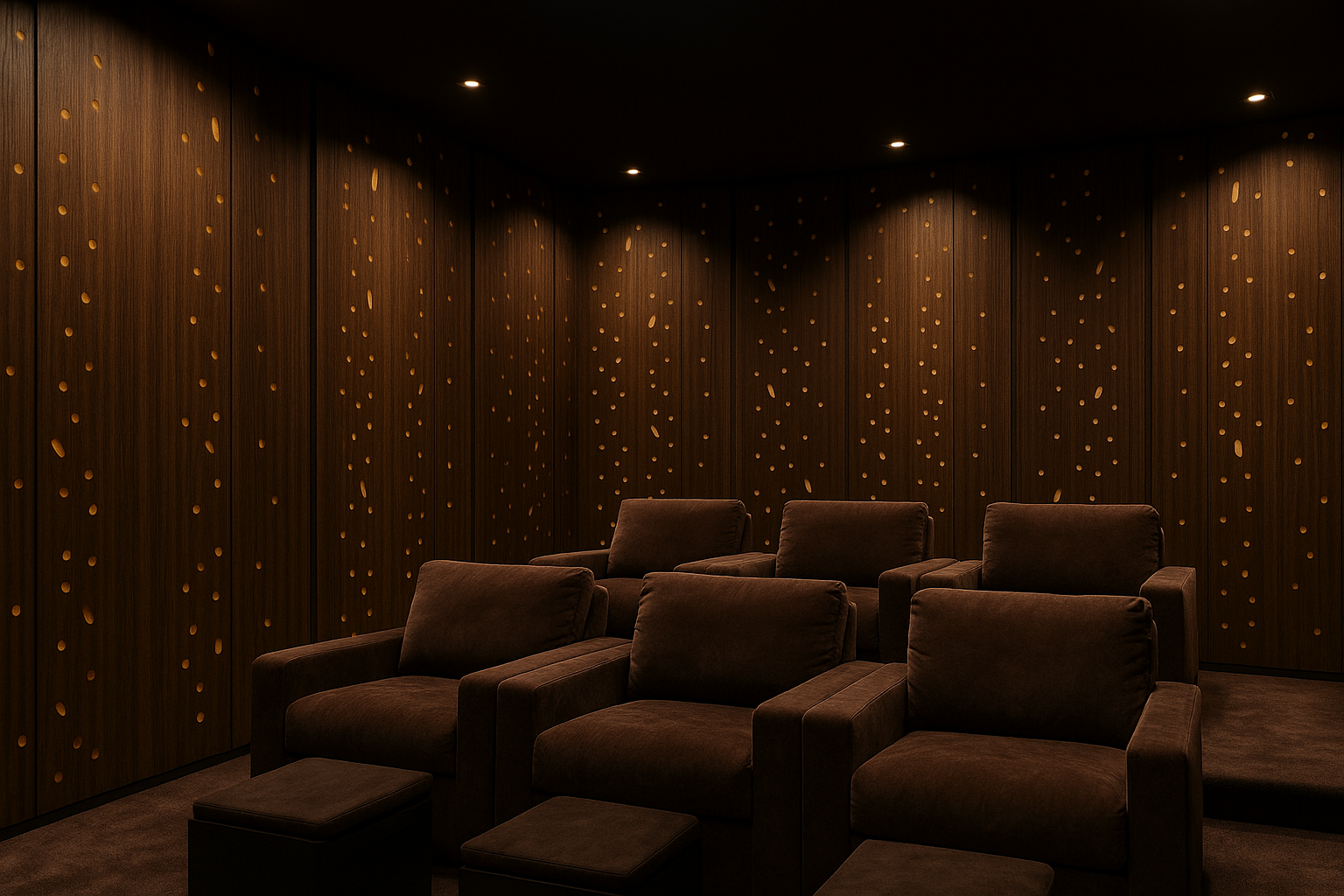 Home cinéma habillé de panneaux acoustiques bois perforés rétroéclairés