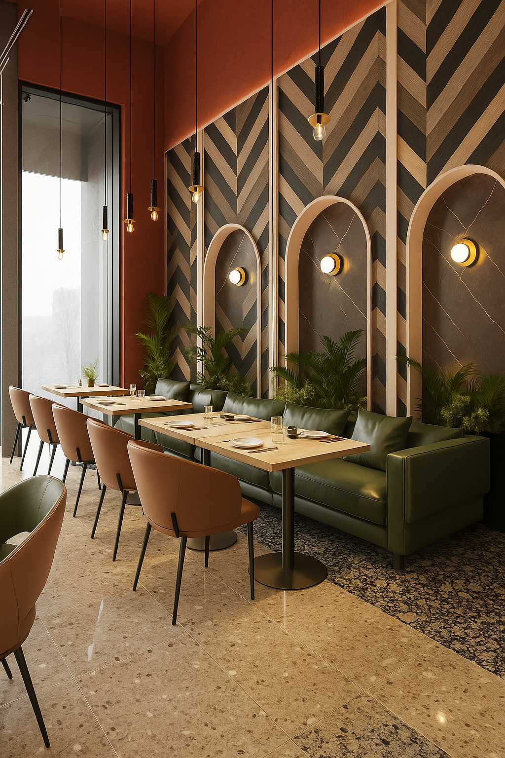 Panneaux décoratifs chevron dans un restaurant — banquettes et arches